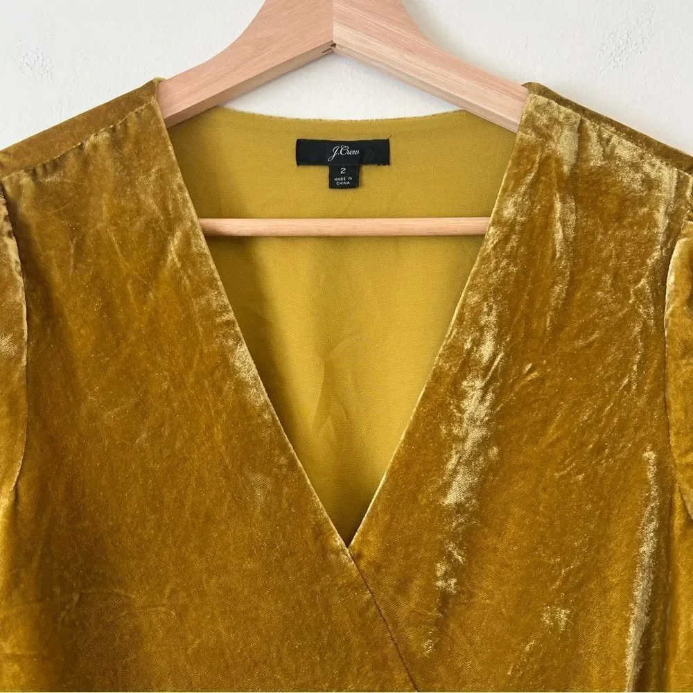 J. Crew Faux Wrap Velvet Long Sleeve Blouse Size 2 in Mustard Yellow